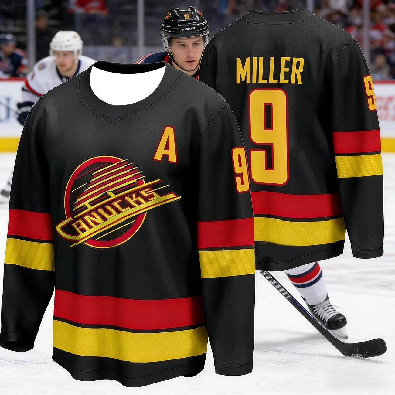 Men's Vancouver Canucks Ice Hockey Jersey Black Red Yellow Breathable Hockey Shirt Streetwear Long Sleeve Sports Hockey Uniform