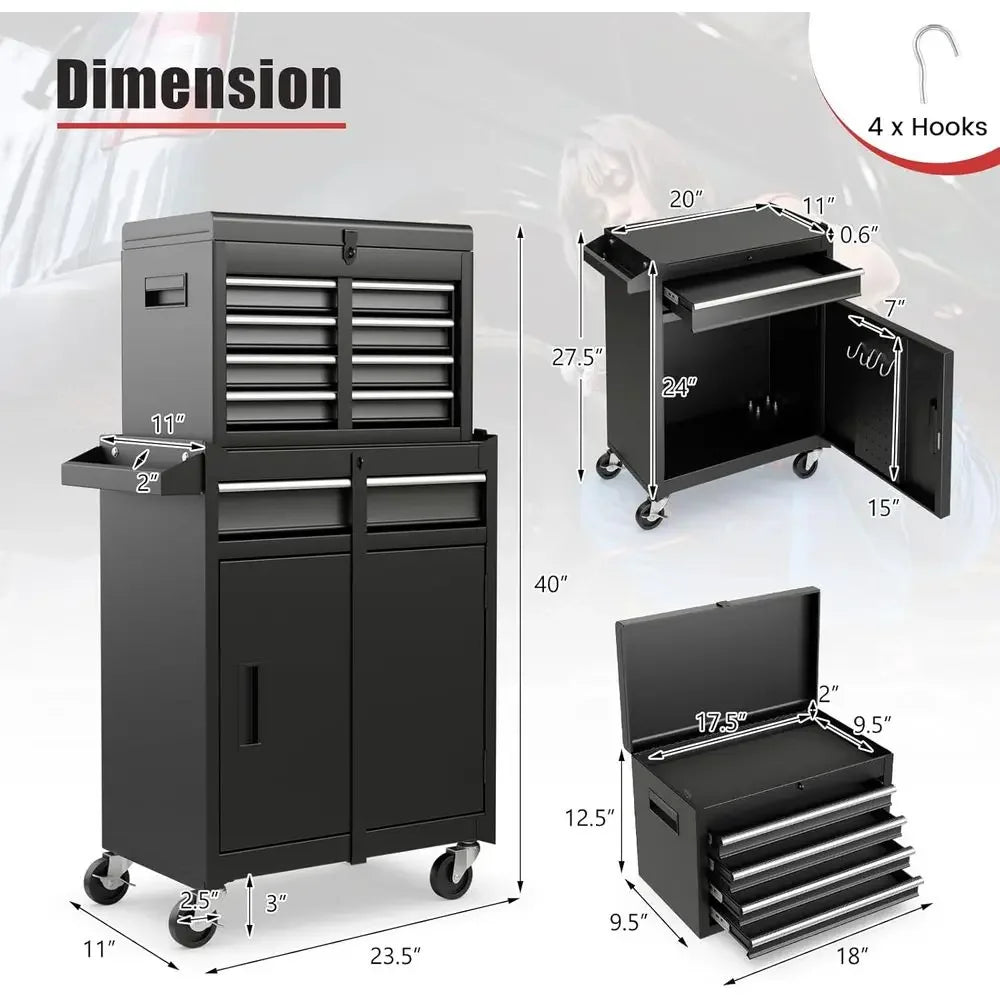 5 Drawer Rolling Tool Cabinet with Detachable Top, Lockable, Metal Storage Cart for Workshop