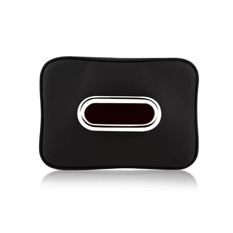 Universal Black Leather Car Tissue Bag with Chrome Metal Opening Hanging Headrest Napkin Box Cover