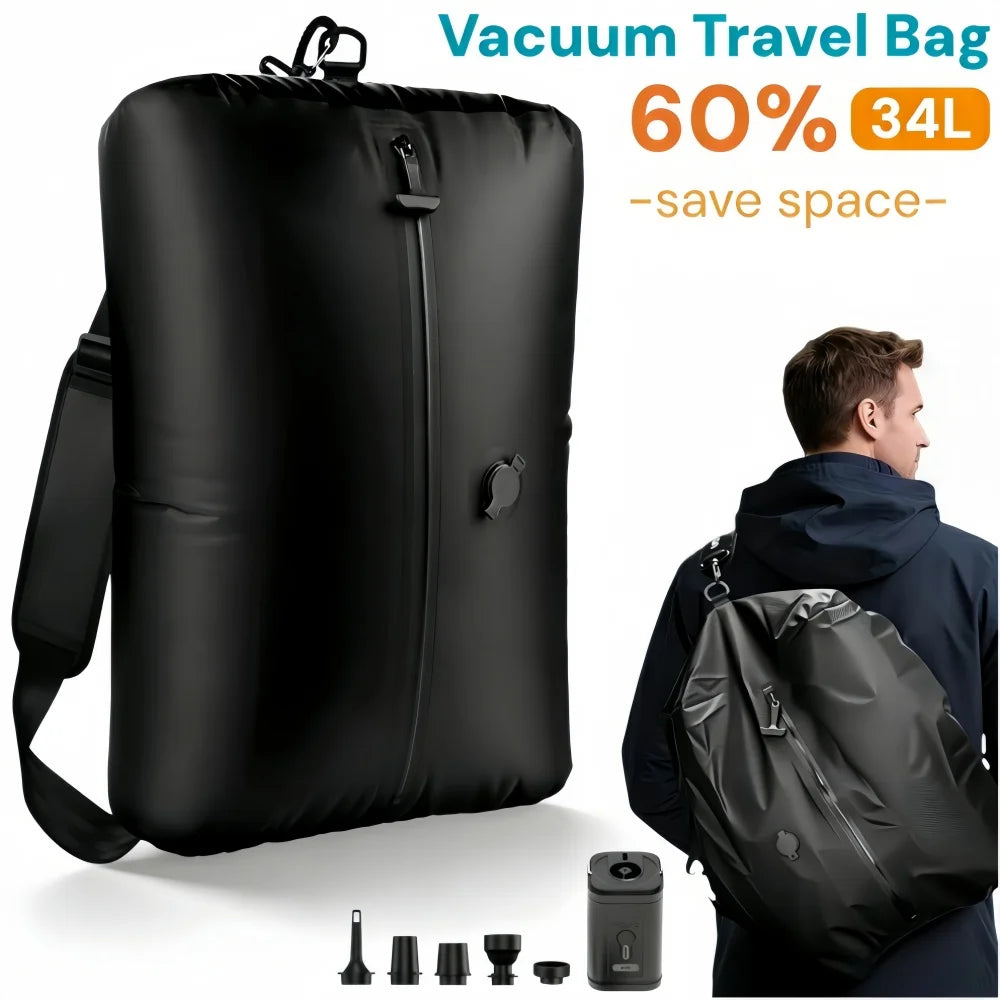 34L Vacuum Travel Bag  Reusable Storage Bags Folding Outdoor Travel Essentials Compression Bag for Suitcases Backpack Luggage