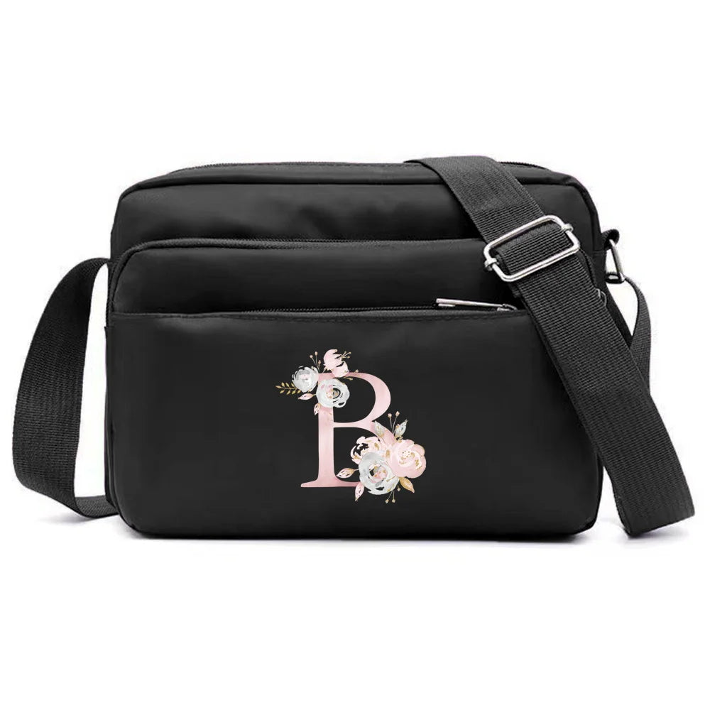 New Simple Black Storage Bag Multi-layer Travel Leisure One Shoulder Crossbody Bag Pink Flower Letter Series Printing Pattern