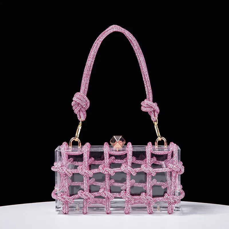 New Diamond Clear Acrylic Box Evening Clutch Bags Women Boutique Woven Knotted Rope Rhinestone Purses And Handbags Wedding Party