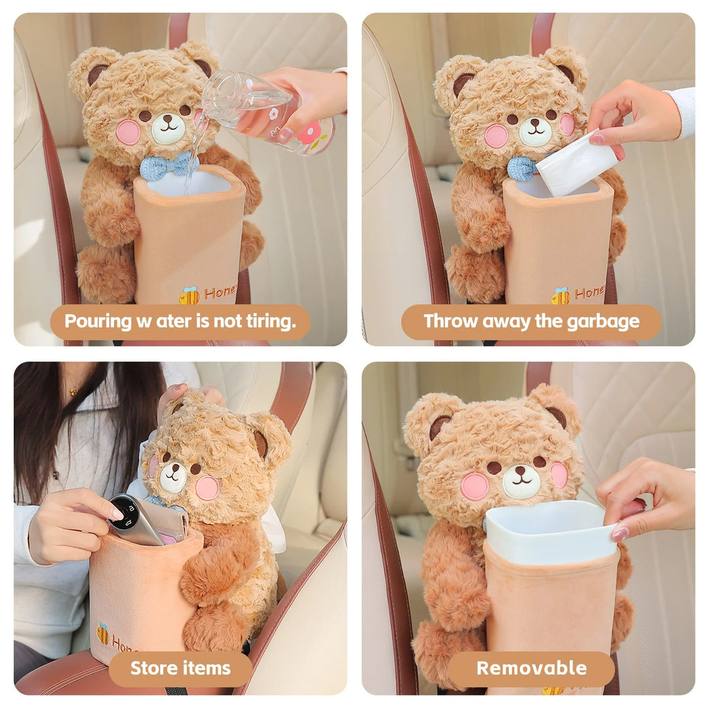 2-in-1 Cute Plush Car Tissue Holder Trash Bin Multifunctional Creative Storage Rack Armrest Storage Cute Car Accessories