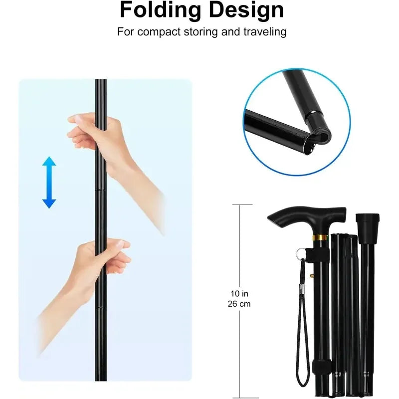 Portable Folding Walking Cane 5 Level Height Adjustable Walking Stick with Wrist Strap Lightweight Travel Mobility Aid