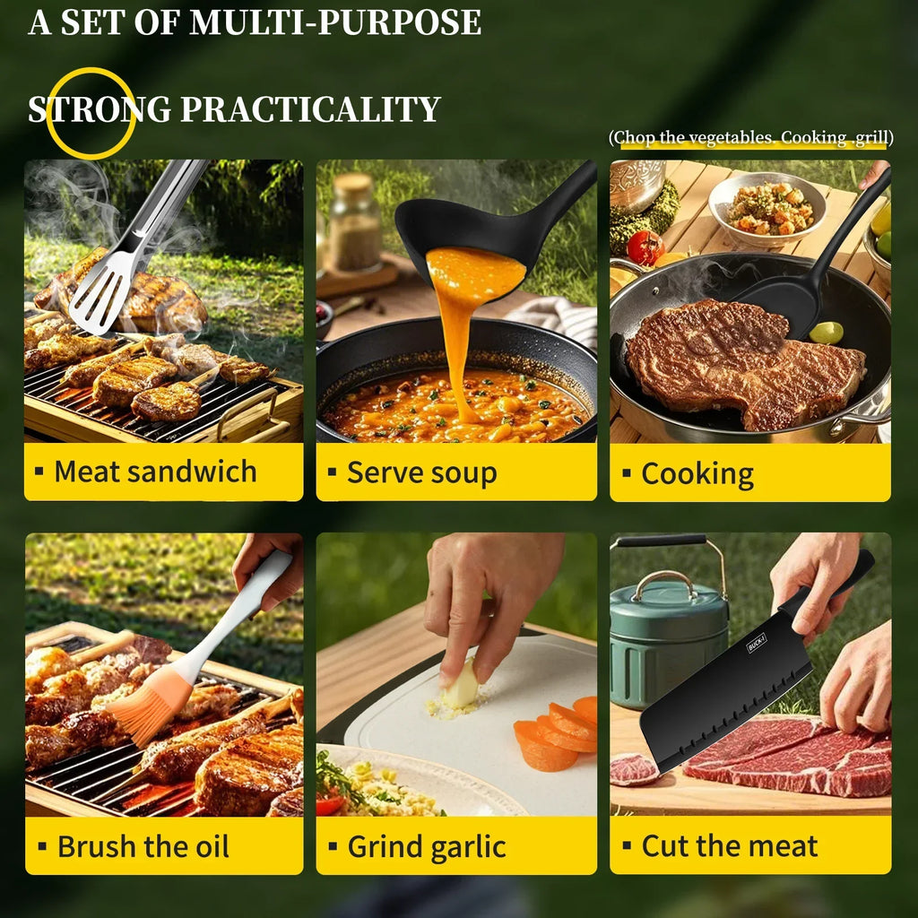 Professional barbecue Set Portable Travel Utensils Set of 10 Pieces Outdoor Kitchen Kitchenware for Backpack BBQ Camping Picnic