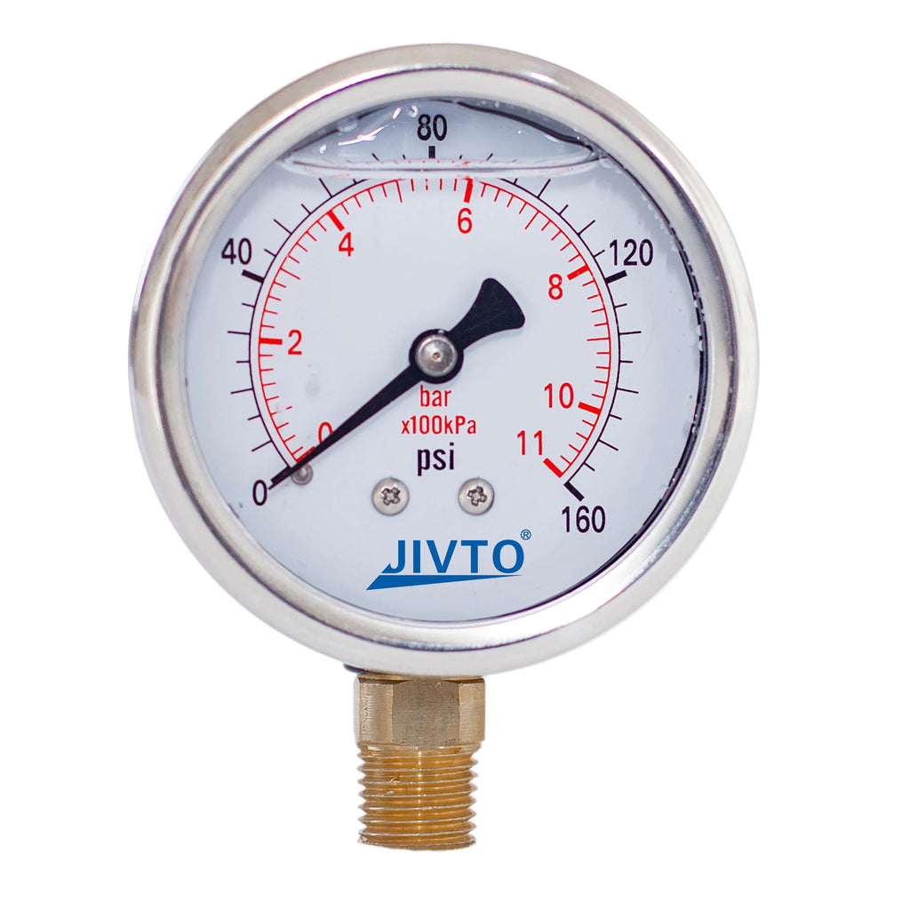 JIVTO Glycerine Filled Pressure Gauge 2.5 Inch 1/4 BSP Lower Mount 15,30,60, 100,160,200,300,400,600,3000 Psi & Bar, Shockproof