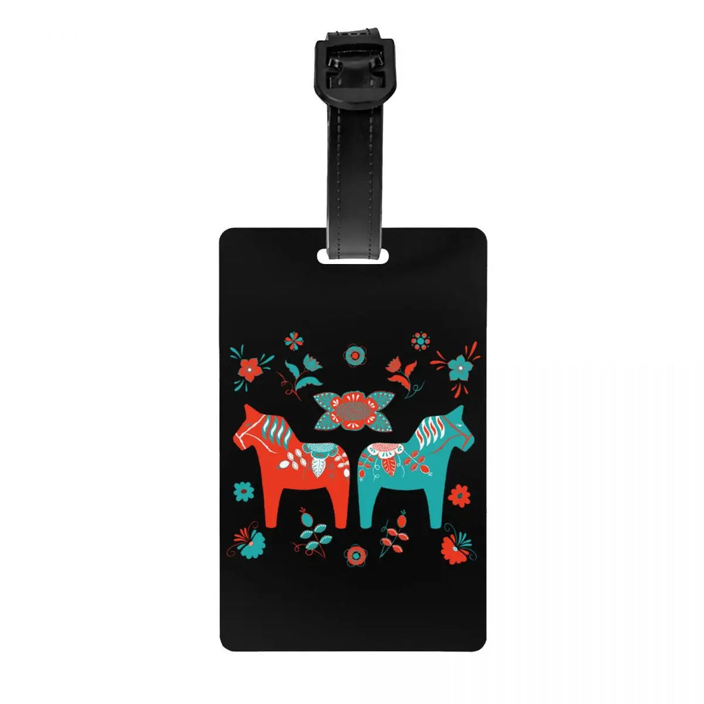 Custom Swedish Folk Cats Luggage Tag With Name Card Privacy Cover ID Label for Travel Bag Suitcase