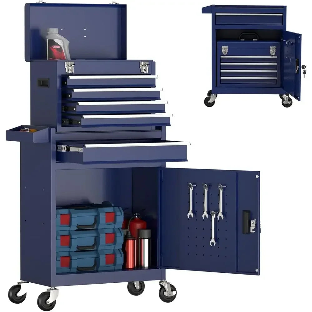 Portable 5-Drawer Metal Tool Chest with Wheels, Lockable Storage Cabinet for Workshop and Garage (Blue)