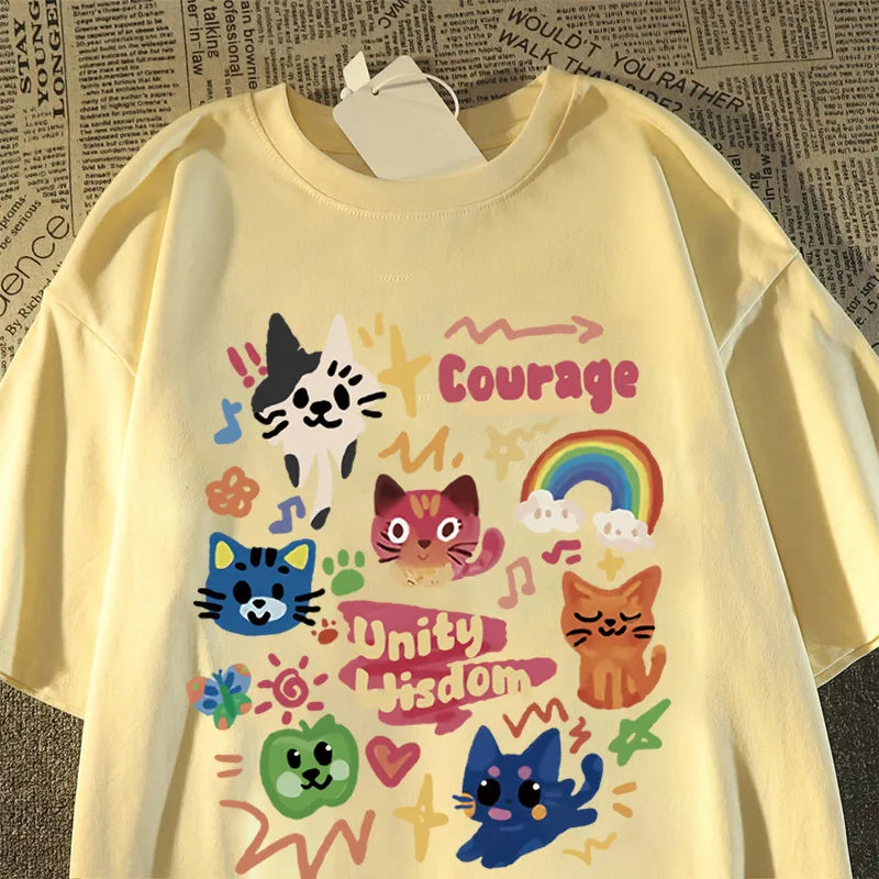 Summer Japanese Cute Child-fun Cat Printed Short-sleeved T-shirt for Ladies and Boys Same Loose Casual Large-size Top