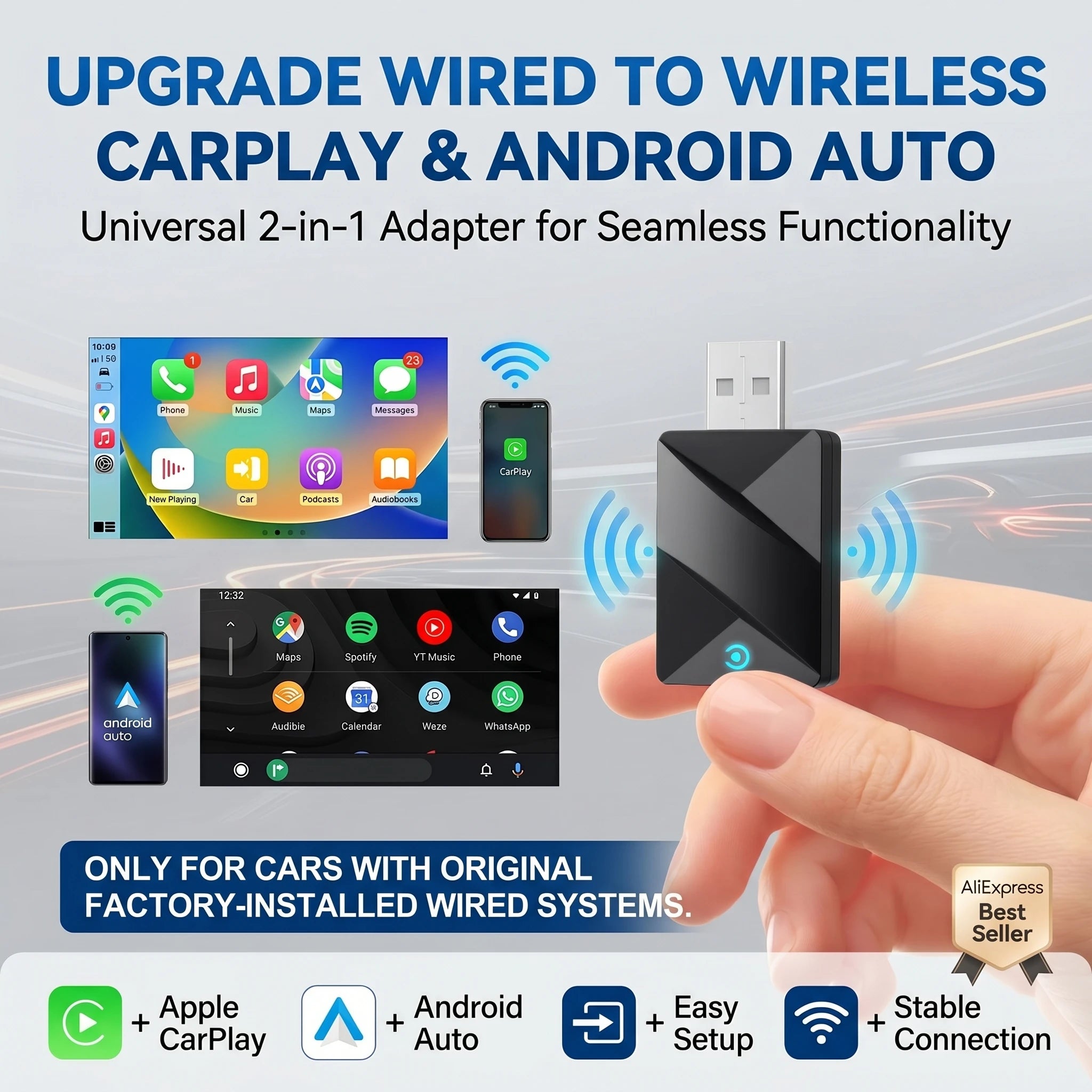 2026 Kowankit Wireless CarPlay Adapter Android Auto 2 in 1 Dongle Smart BT 5G WiFi Plug & Play For Toyota Hyundai Ford VW Nissan