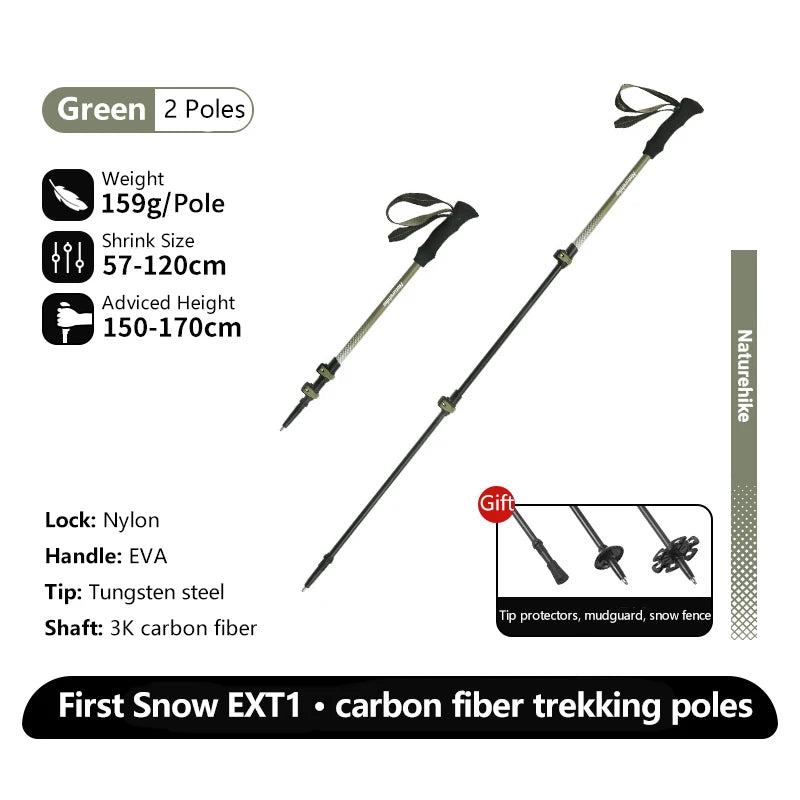 Naturehike Walking Stick First Snow EXT1 Carbon Fiber Hiking Poles 3 Section Ultra-light Telescopic Outdoor Climbing Hiking Cane