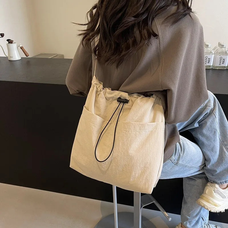Stylish Drawstring Canvas Shoulder Bag with Adjustable Strap Pendant, Lightweight Casual Bucket Bags for Everyday Crossbody Bag