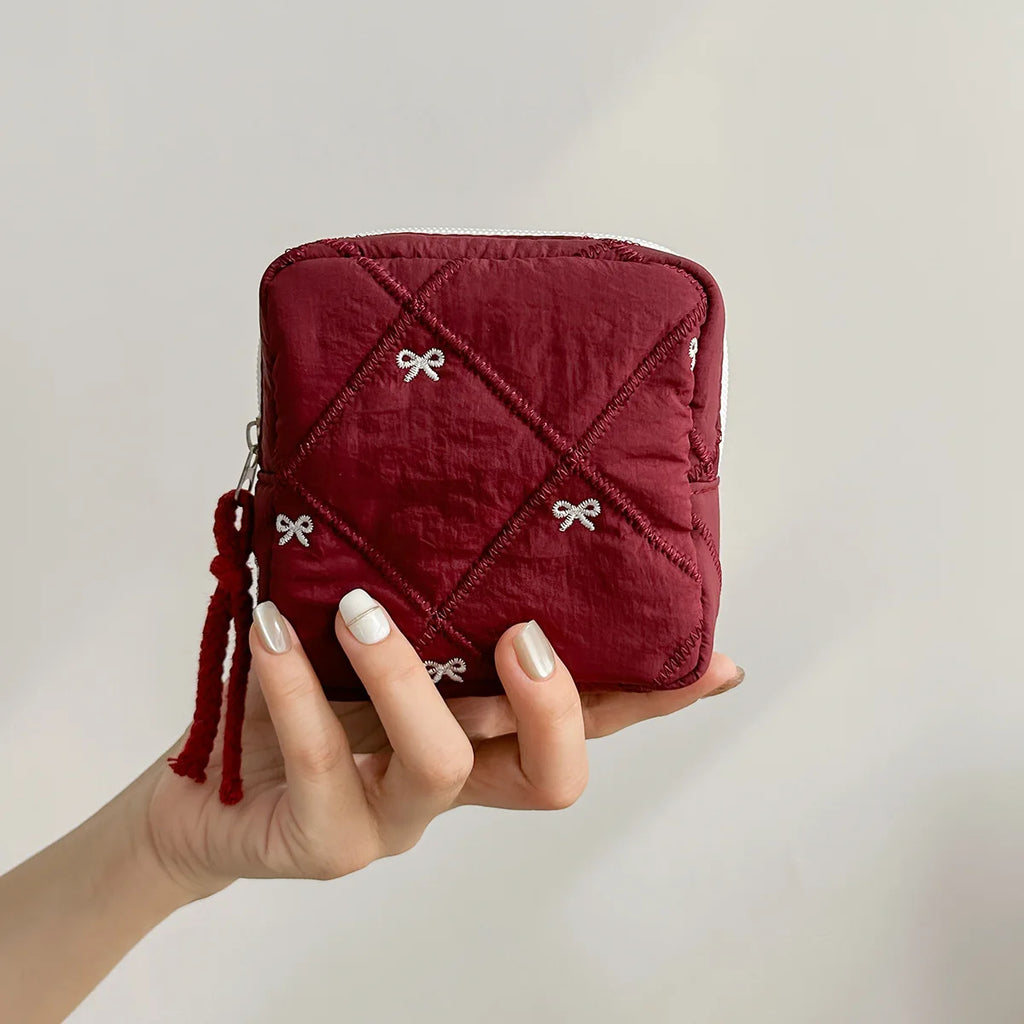 1pc Gift Bow Sanitary Napkin Organizer Bag Coquette Quilted Women's Mini Clutch Bag Cotton Keychain Earphone Coin Purse