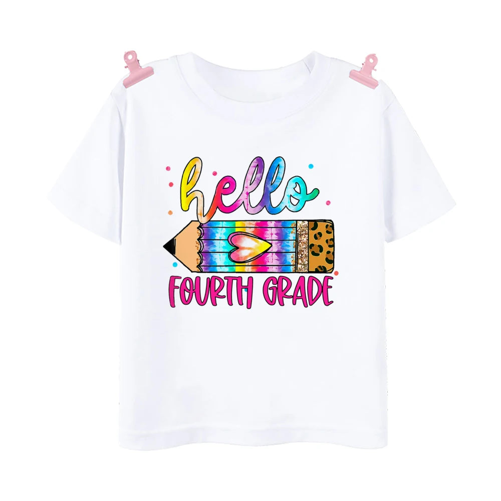 Hello First Grade Leopard Printed Kids Shirt 1-5 Grade Child Back To School Outfit  T-shirt Boys Girls Short Sleeve Tee Clothes