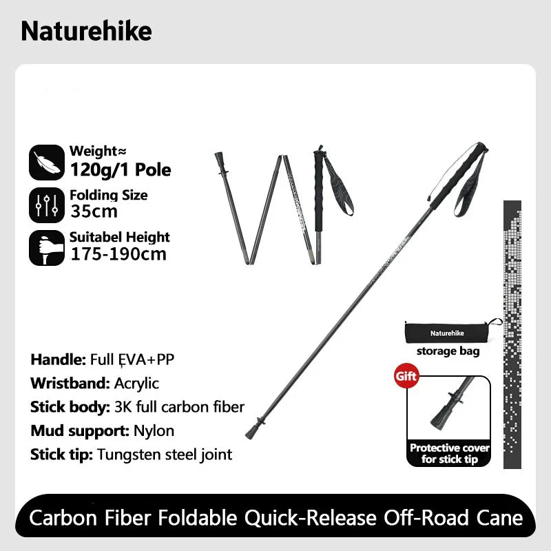 Naturehike 2026 New Carbon Fiber Hiking Poles Ultralight 97g Folding Backpack Trekking Sticks Thicken Travel Camping Poles