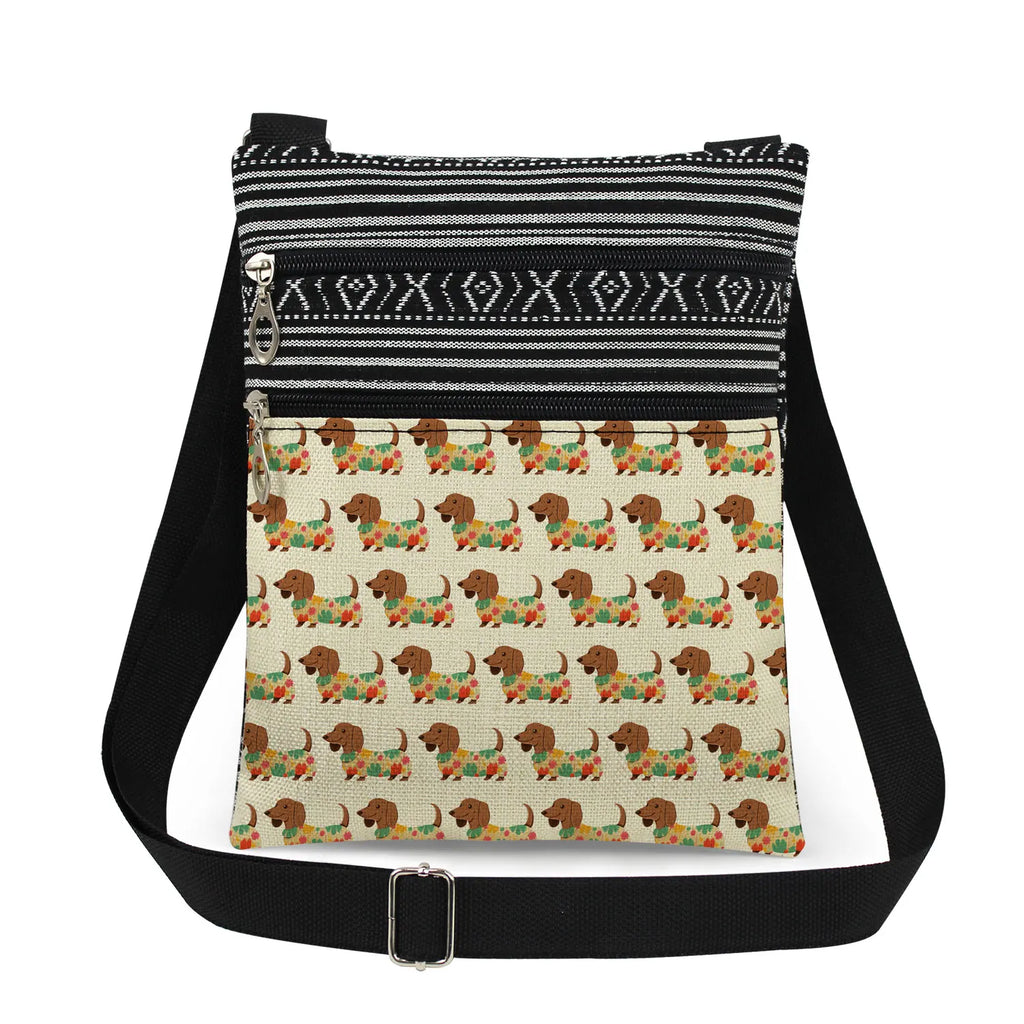 Cute Dachshund Print Crossbody Bag Female Floral Animal Shoulder Bags Fashion Outdoor Portable Double Zipper Lady Messenger Bag