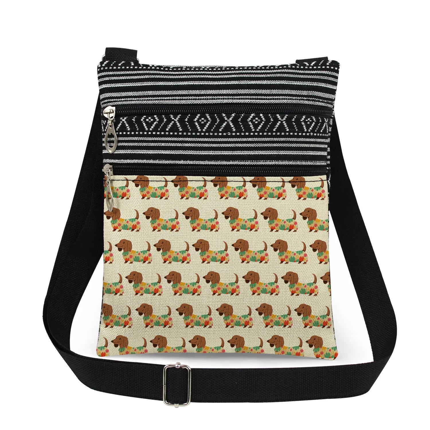 Cute Dachshund Print Crossbody Bag Female Floral Animal Shoulder Bags Fashion Outdoor Portable Double Zipper Lady Messenger Bag