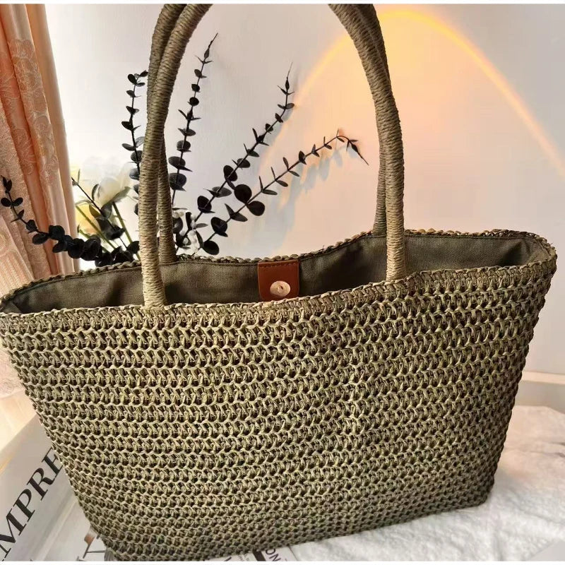 Summer French Elegant  Raffia Straw Tote Bag Women Large Capacity Minimal Shoulder Bag Magnetic Buckle Beach Shopping Handbag
