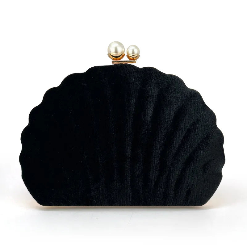 Premium shell black velvet party dinner bag Pearl clasp clutch bag Wedding purse Crossbody bag Velvet women's small bag.