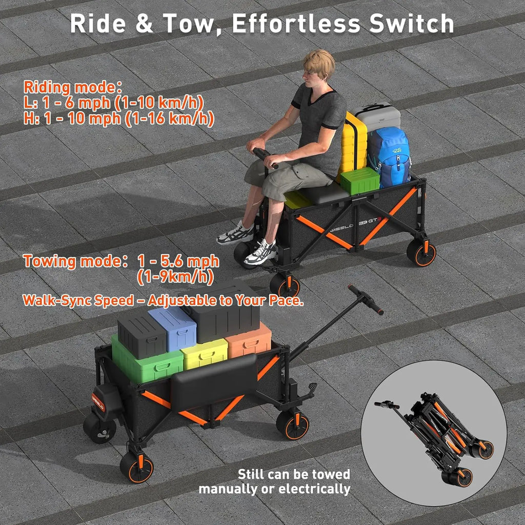 WISELD GT3 Electric Wagon Ridable Cart Heavy Duty Large Capacity Trolley Foldable Utility Camping Picnic Shopping Cart