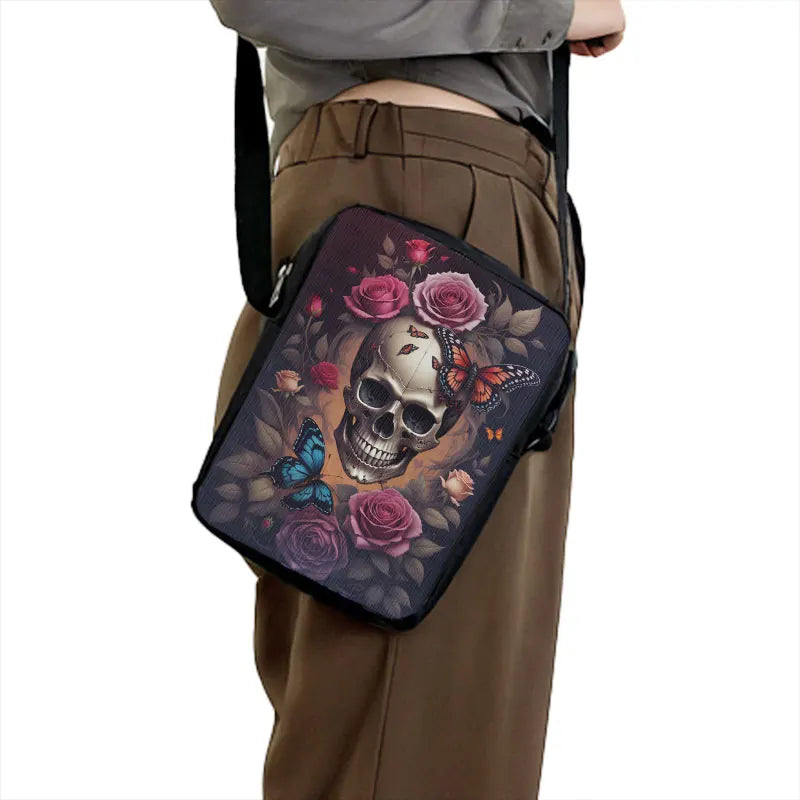 Skull Rose Butterfly Print Crossbody Bag Women Shoulder Bags for Travel Handbags Phone Holder Student Messenger Bags Gift
