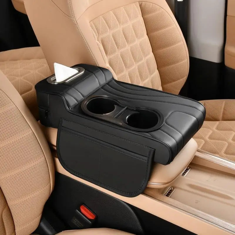 1 Car Armrest Box with Low Front and High Rear Design, Car Center Console Armrest Pad with Tissue Box, Dual Side Storage Pockets, Car Armrest Pad, Portable Storage Accessory, Includes a Pack of Tissues