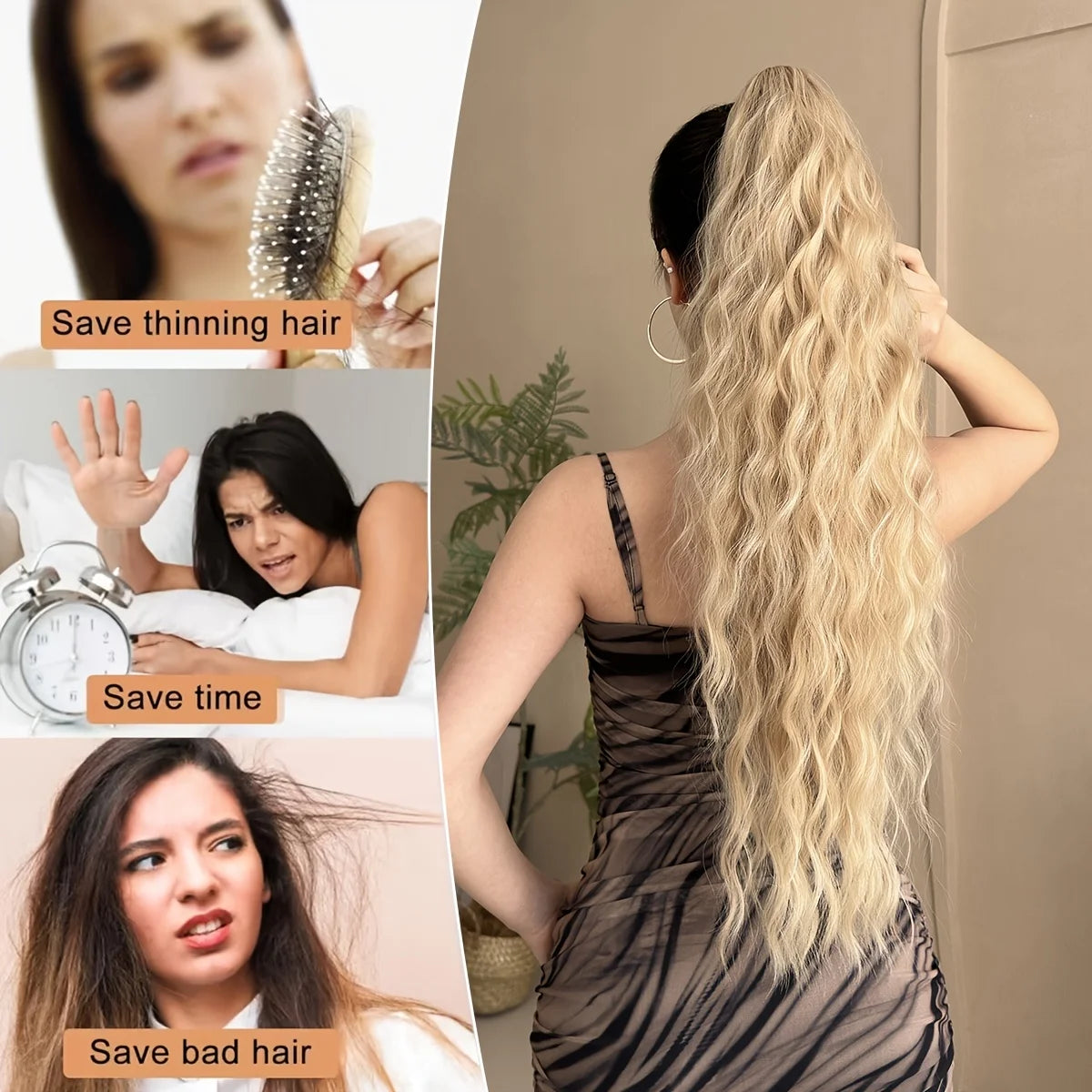 AOOSOO Synthetic Water Ponytail Hair Extension Clip On Woman's Ponytail Hair Accessories Long Curly Wig Natural Curly Black
