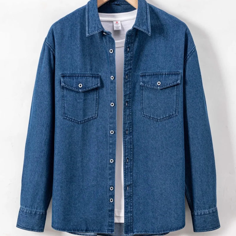 Pure Cotton Double-pocket Denim Long-sleeve Shirt Stylish Versatile Trendy Collared Shirt Casual Detailed Men's Sports Top