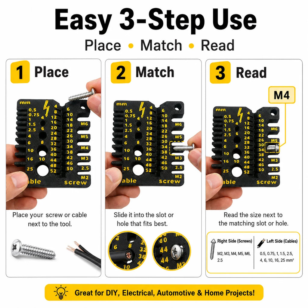 Screw & Cable Size Gauge, Metric Thread Measuring Tool for M2-M6 Screws & Wire Cables, Compact DIY Toolbox Tool