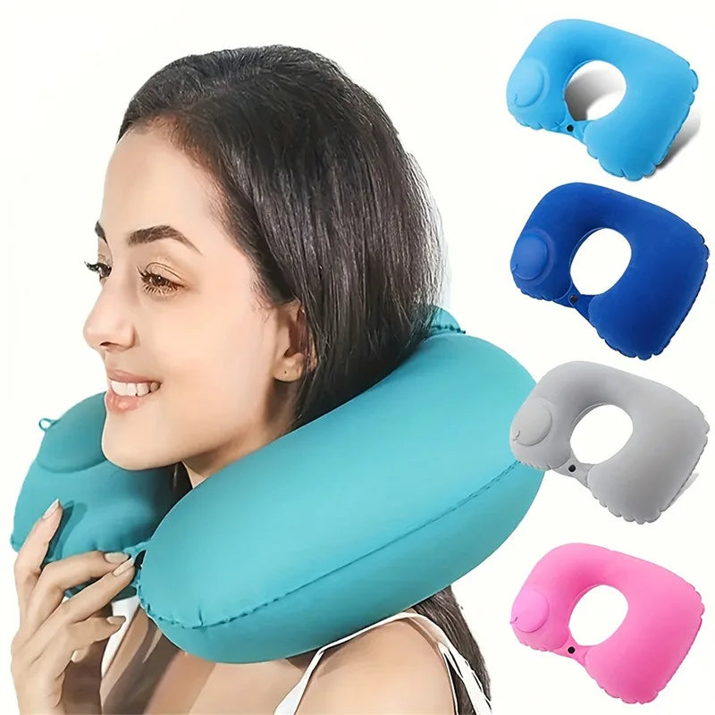 Car Portable Neck Protection U-shaped Compression Inflatable Pillow, Outdoor Nap, Camping, Travel Flocking PVC Airplane Pillow