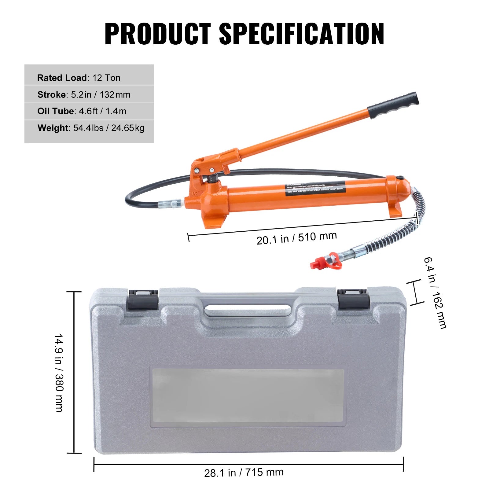 SucceBuy 10/12T Porta Power Kit Portable Hydraulic Jack with 4.6 ft/1.4 m Oil Hose Auto Body Frame Repair Kit with Storage Case