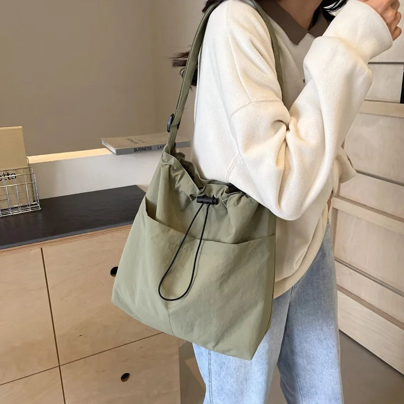 Stylish Drawstring Canvas Shoulder Bag with Adjustable Strap Pendant, Lightweight Casual Bucket Bags for Everyday Crossbody Bag