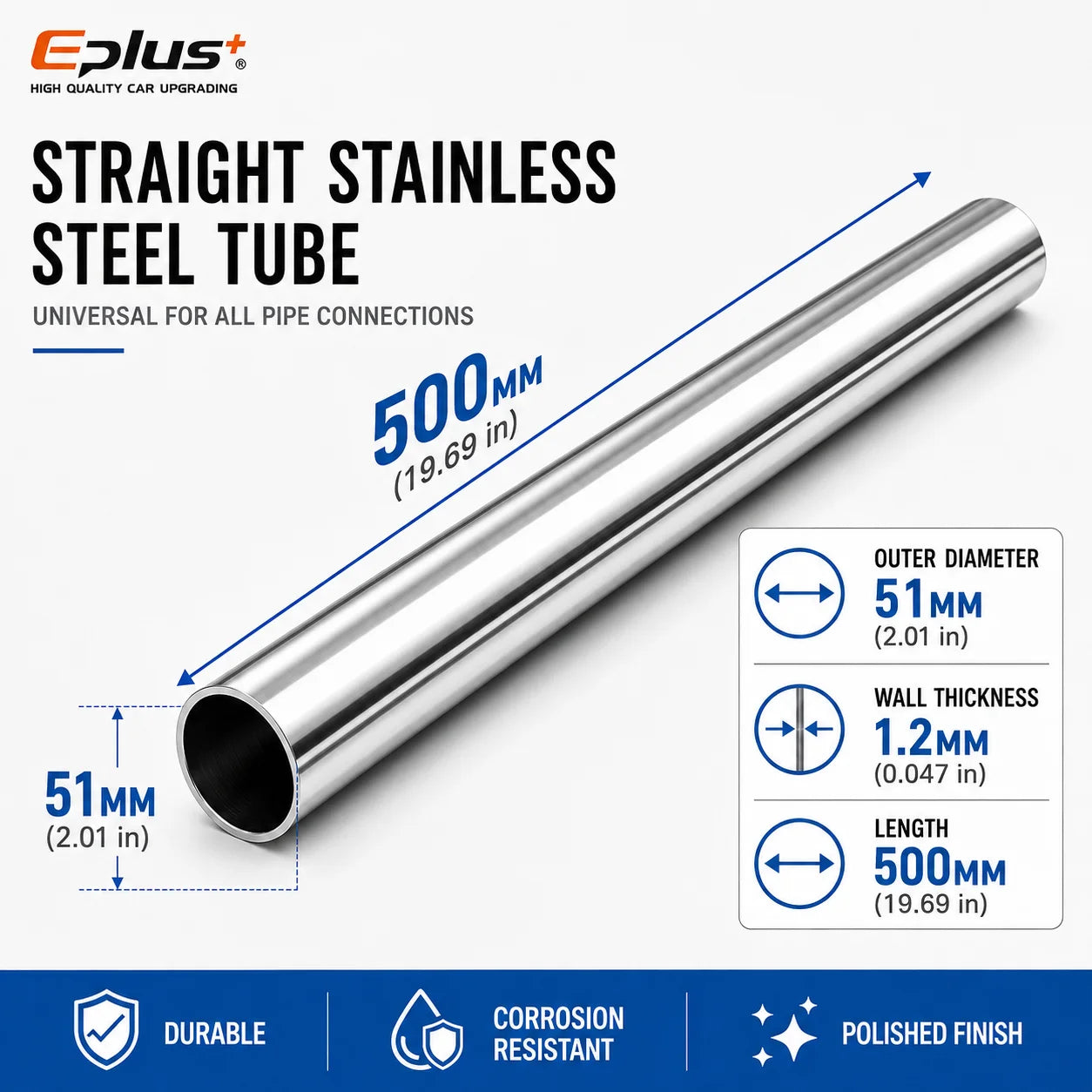 500mm Length 304 Stainless Steel Straight Pipe 1.2mm Thick Universal Round Tube OD 19-89mm for Connections metal tube Adapter