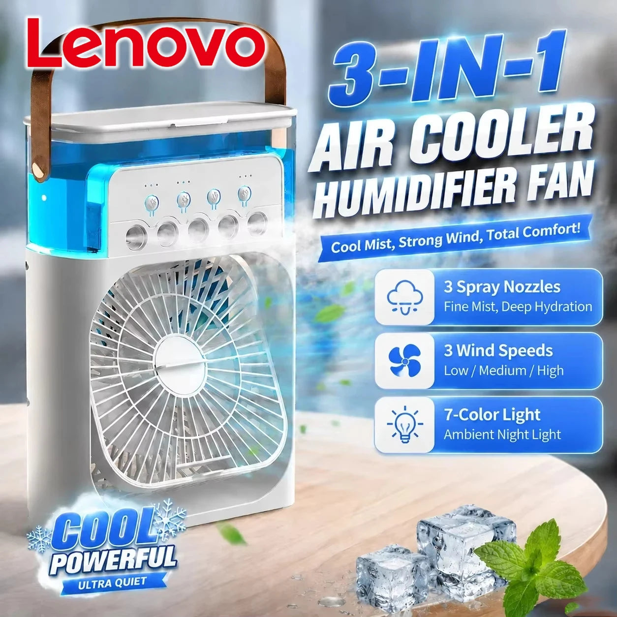 Lenovo Air Conditioner Ice Fan Mini USB Portable Air Cooler Humidifier Water Mist Spray LED Night Light Desktop Cooling Fan