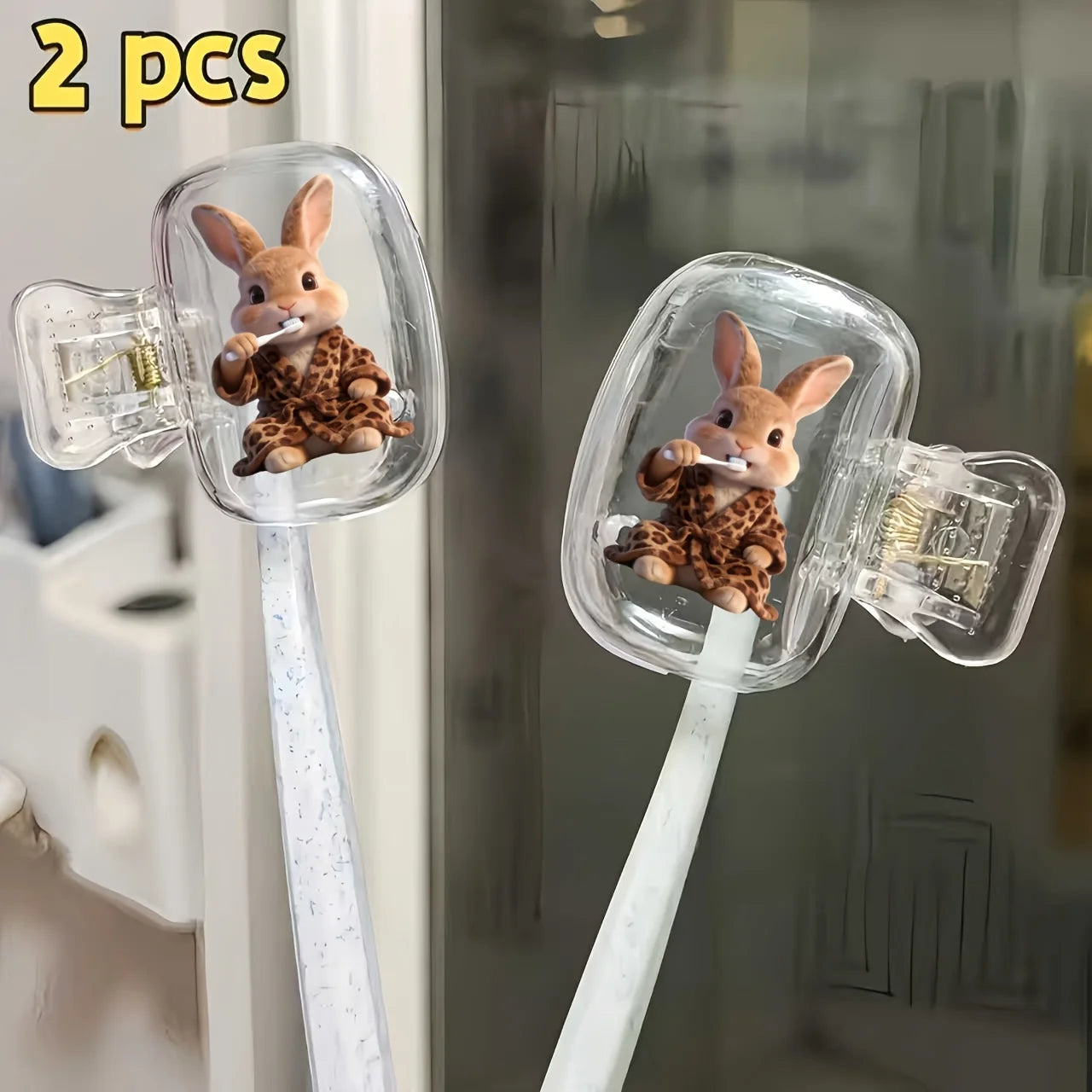 2pcs Rabbit Wearing Leopard Toothbrush Holder Clip Household Portable Travel Essential Toothbrush Cap Storage Box Holiday Gifts