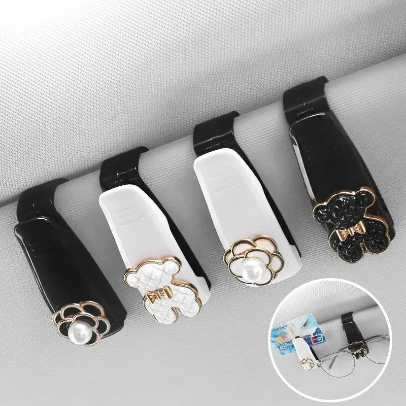 1pc Portable Car Glasses Cases Ticket Card Clamp Bear Flower Decoration Sun Visor Holder ABS Eyeglasses Sunglass Holder