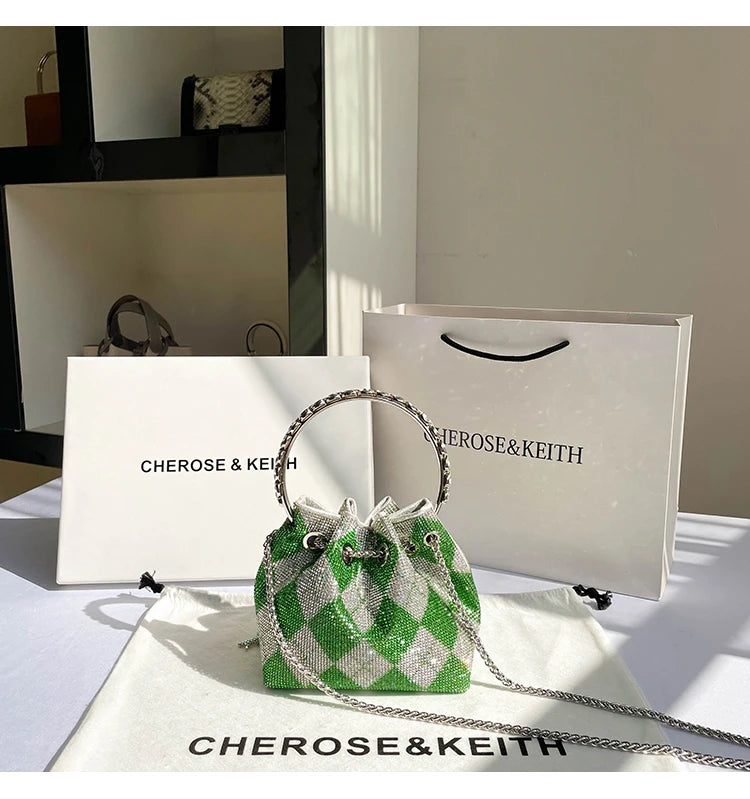 Luxury Designer Green Plaid Rhinestones Diamond Evening Clutch Bag Wedding Party Bucket Purse Women's Handbag Crossbody Bag