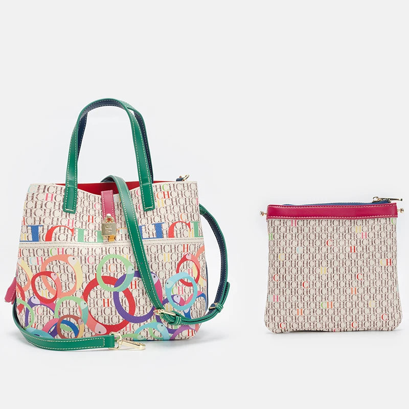 CH Letter Print Tote Bag Set 2 in 1 Large Capacity Women Handbag with Detachable Strap + Mini Clutch Casual Office Shopping Bag