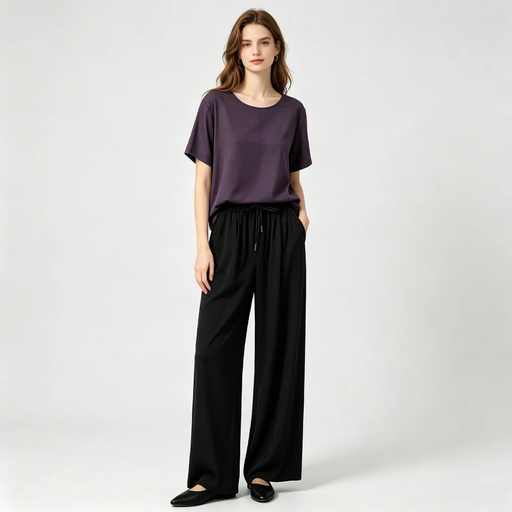Plus Size Women's Casual Summer New Purple 100% Natural Mulberry Silk Twill Silk Skin Friendly Round Neck Short Sleeved T-shirt