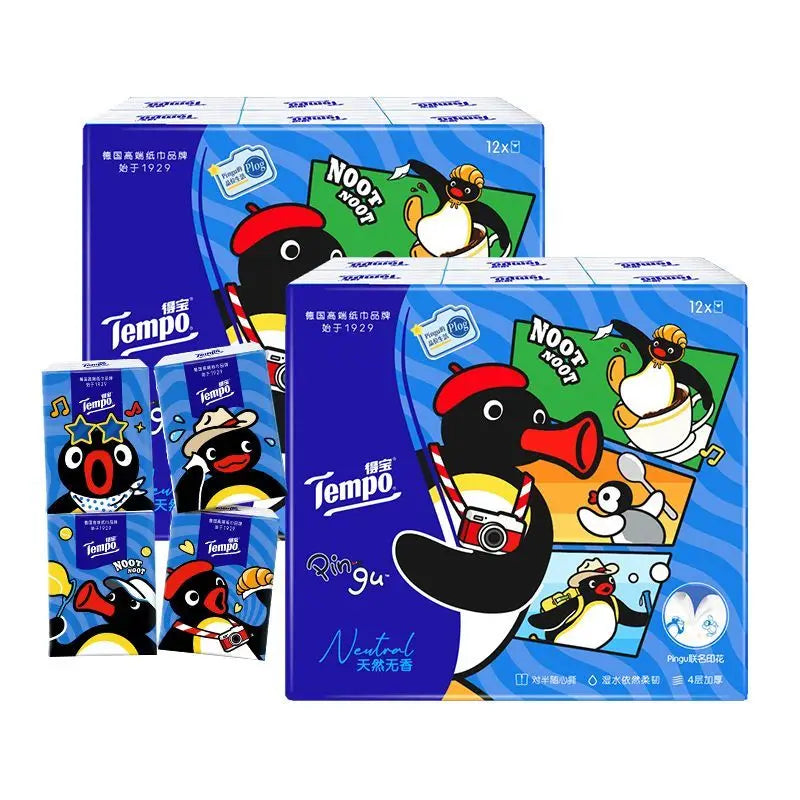 Tempo X Pingu Pocket Tissues, 4-ply Thick Soft Paper Handkerchiefs, 12-pack Portable Printed Facial Tissues For Daily Use