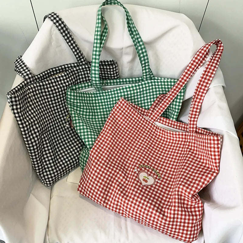 Retro Plaid Women's Portable Shopping Bags Eco Reusable Female Cotton Tote Shoulder Bag College Girls Book Handbags with Zipper