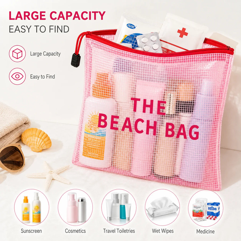 Pink Mesh Beach Bag, Waterproof Zipper Travel Cosmetic Pouch for Women, Large Capacity Toiletry Storage Organizer