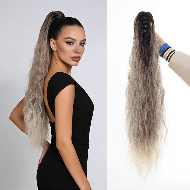 AOOSOO Synthetic Water Ponytail Hair Extension Clip On Woman's Ponytail Hair Accessories Long Curly Wig Natural Curly Black