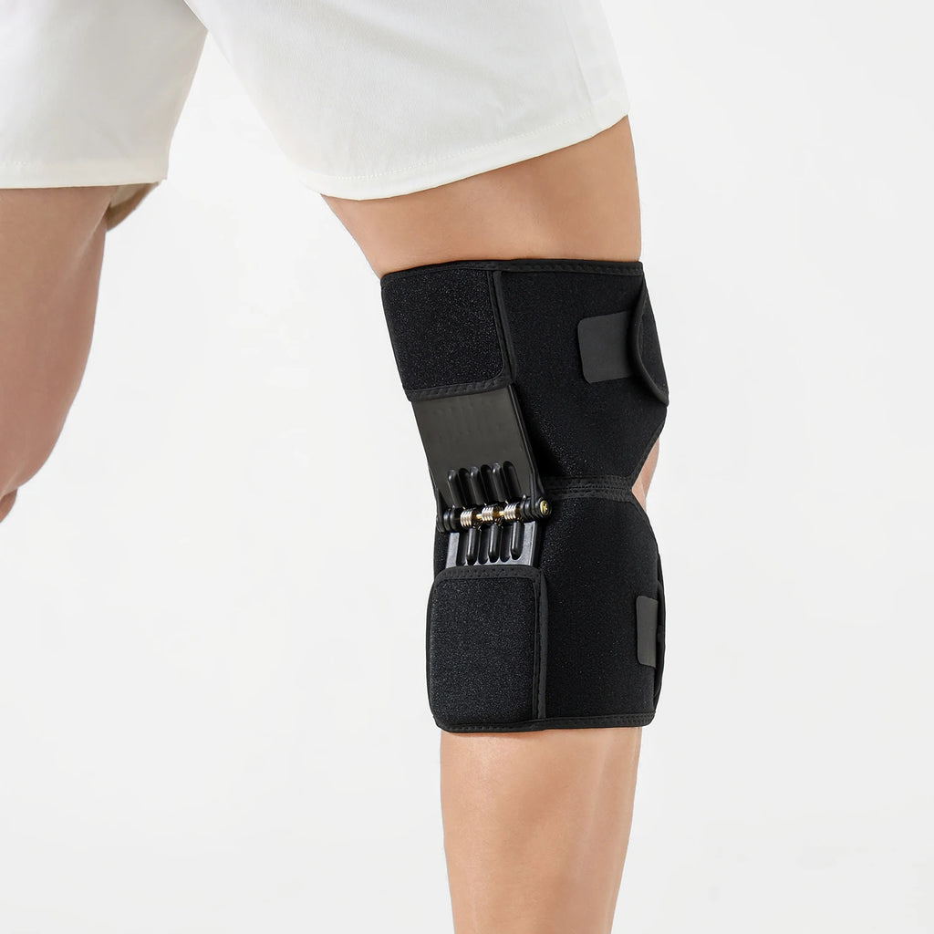 Adjustable Power Knee Support Brace with Four Fixing Straps, Spring Loaded Knee Booster for Elderly, Mountaineering, Heavy Lifti
