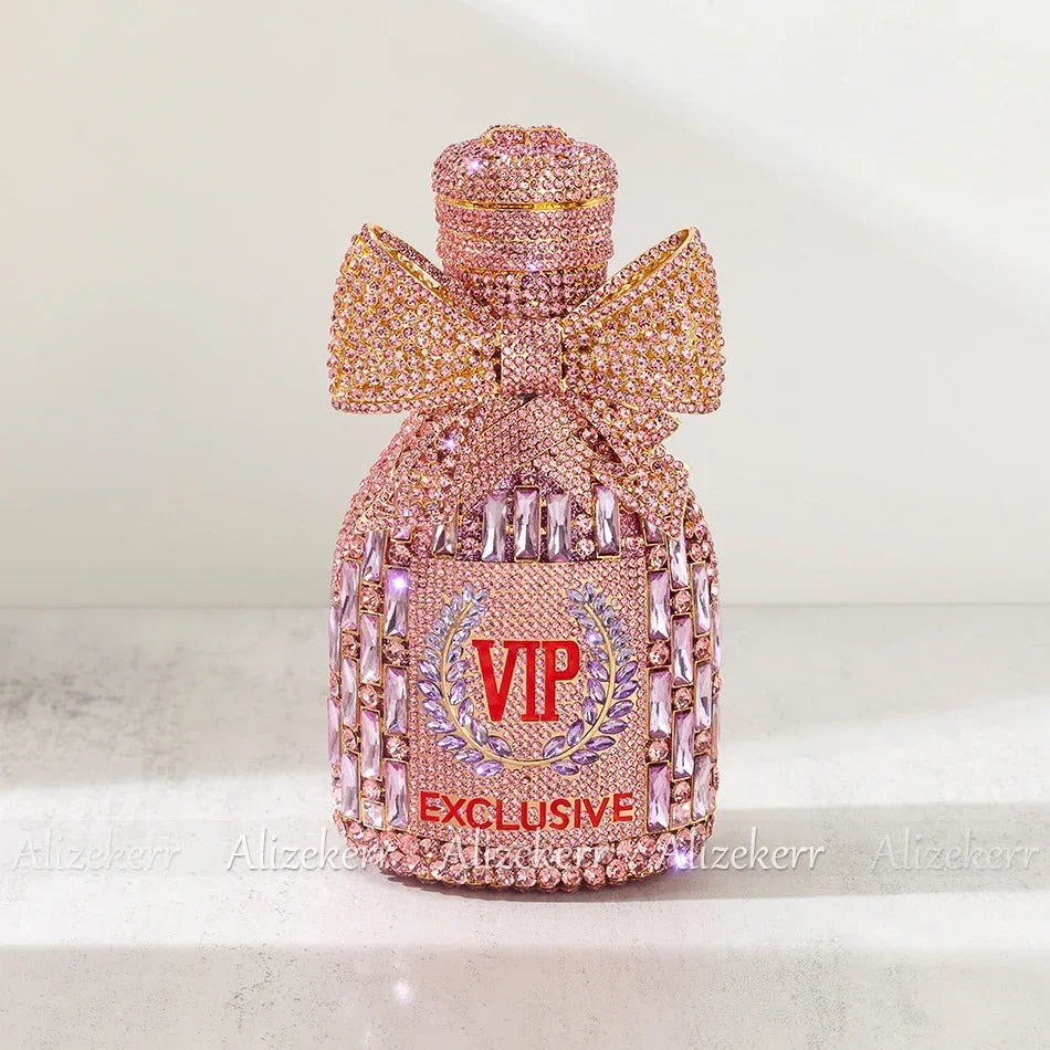 Alizekerr Champagne Bottle Shaped Bow Crystal Evening Bags Women Gorgeous Unique Bling Diamond Metal Clutch Purses Wedding Party