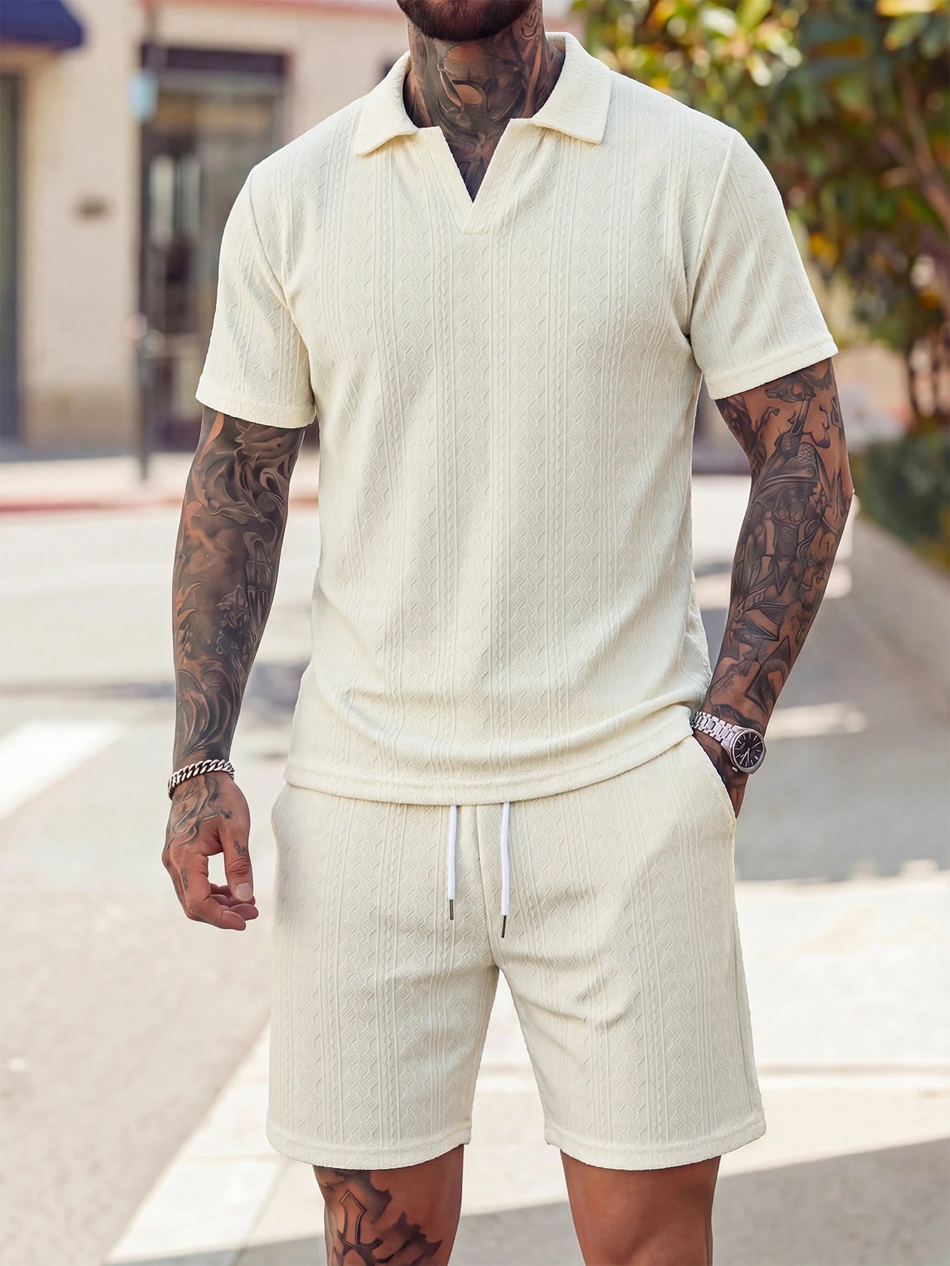 Lightly Mature Style Vertical Stripe Texture Casual Simple Breathable Men's Short-Sleeve Short Pants Two-Piece Set