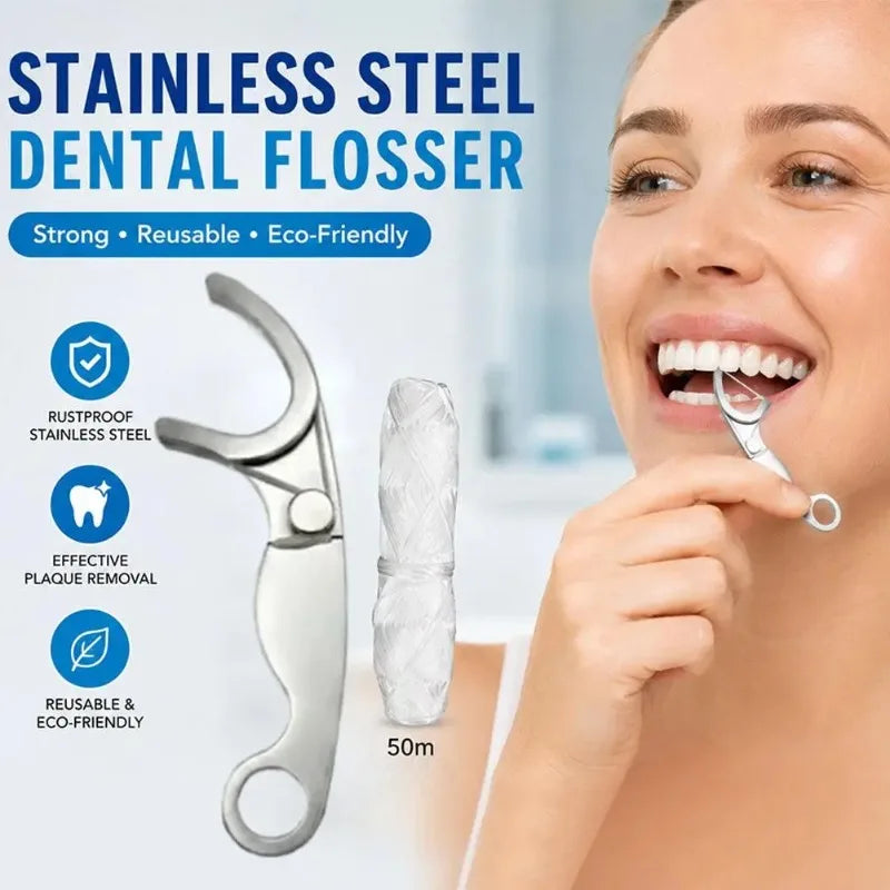 Stainless Steel Toothpick Dental Floss Reusable Flossing Holder Set Eco-friendly Teeth Cleaning Tools Oral Care Accessory