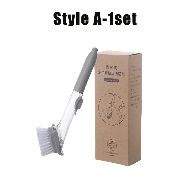 Kitchen Dish Cleaning Sponge Brush Liquid Filling Press Type Pot Cleaning Brush Soap Dispensing Pot Scrubber with Long Handle