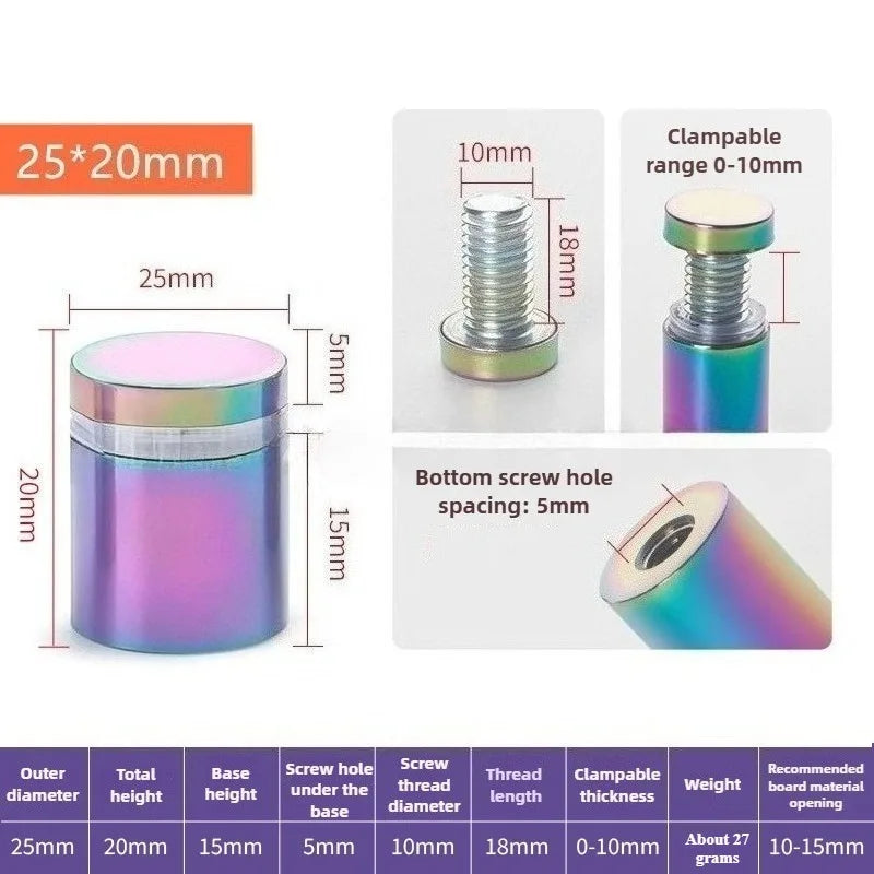 4Pcs Rainbow acrylic Picture Frame Glass Sign Standoff Nail Wall Mount Standoff Holder Stainless Steel Advertise Fixing Screw