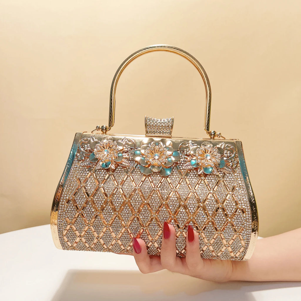 Bucket Design Women Clutch Bags Golden Metal Luxury Acrylic Evening Bags Box Holder Rhinestones Glitter Handbags Purse
